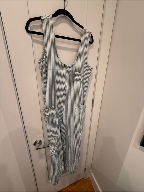 Pilcro Pants - Striped Sleeveless Linen Blend Jumpsuit Dress in Light Blue and White
